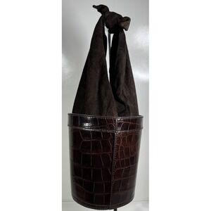 Staud Britt Croc-Embossed Leather Bucket Bag Purse Brown Suede Lining